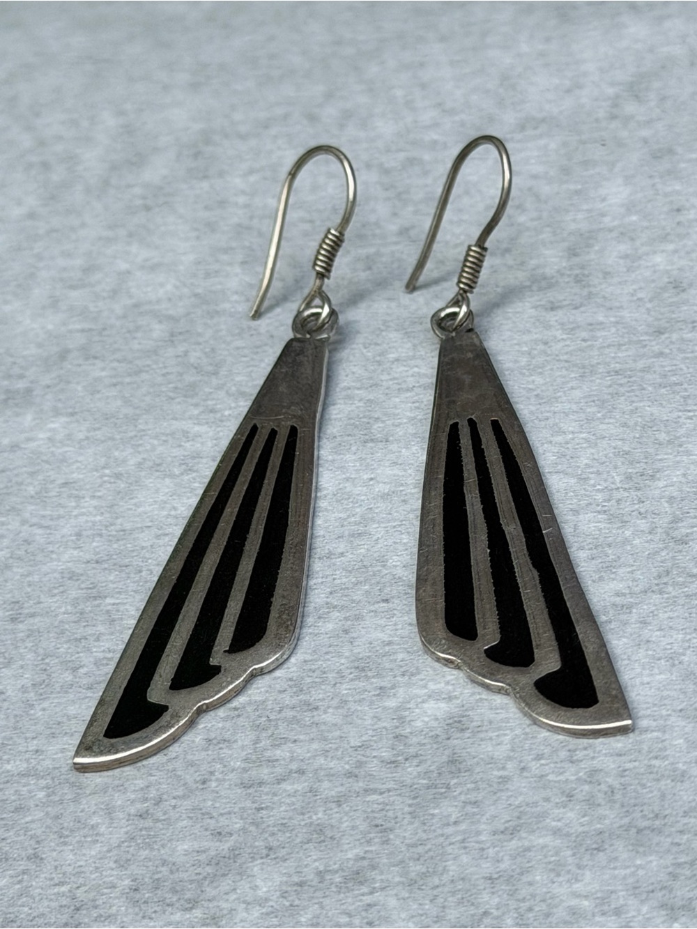 Vintage Mexico 925 Sterling Silver Black Inlay Dangle Drop Earrings